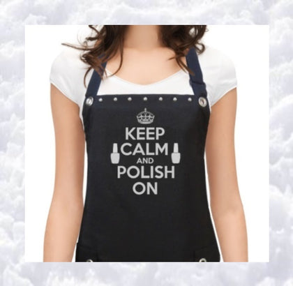 Manicurist nail tech apron with Keep Calm Polish bottles