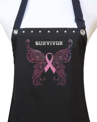 Pink ribbon "SURVIVOR" butterfly apron by Trendy Salon Aprons