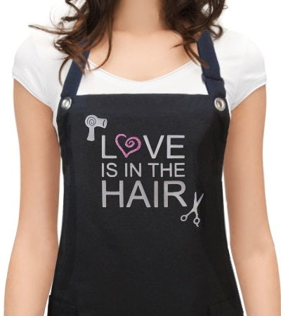 Hair Stylist Apron design saying LOVE IS IN THE HAIR from Trendy Salon Aprons