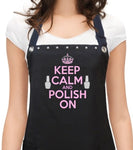 pink Nail Tech Apron with saying KEEP CALM & POLISH ON from Trendy Salon Aprons