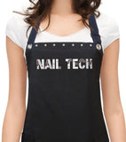 Nail Tech Apron with words "NAIL TECH" on black studded apron from Trendy Salon Aprons