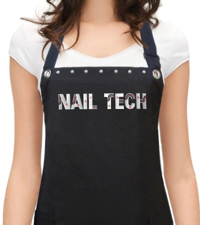 Nail Tech Apron with words "NAIL TECH" on black studded apron from Trendy Salon Aprons